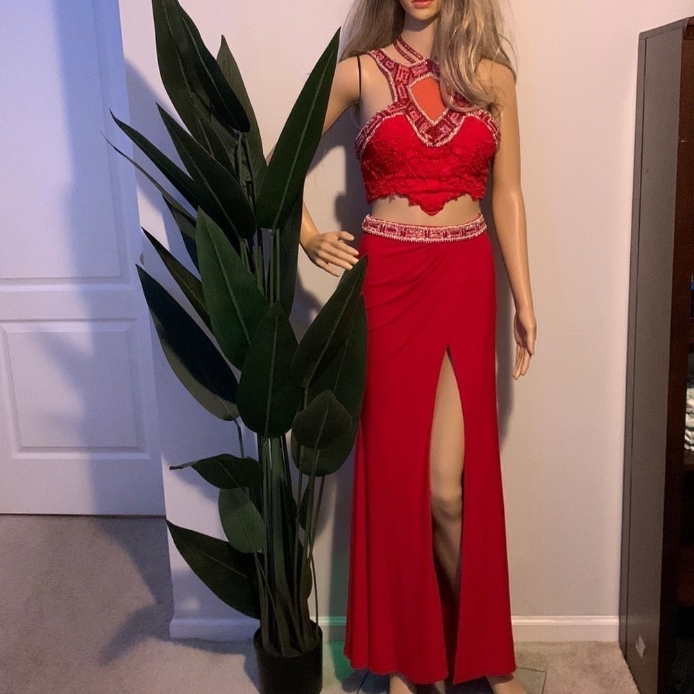 Rachel Allan Red 2 Piece Prom Dress crochet halter neck top skirt maxi jeweled